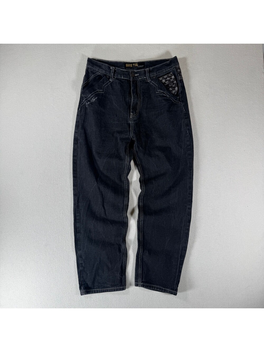 Game Time Black Denim Jeans with Embroidered and Leather Pocket Detail